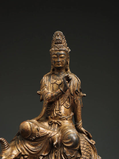 14"Tibetan Temple Collection Old Bronze Cinnabar Mud gold Royal Dragon Guanyin Bodhisattva Buddha Worship Hall Town House