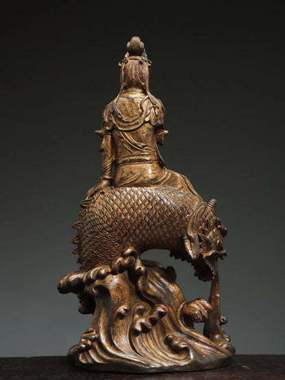 14"Tibetan Temple Collection Old Bronze Cinnabar Mud gold Royal Dragon Guanyin Bodhisattva Buddha Worship Hall Town House