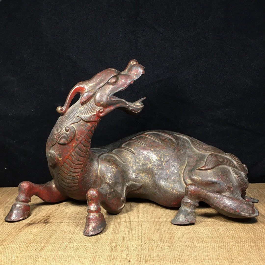 14" Tibetan Temple Collection Old Bronze Cinnabar turn back auspicious beast unicorn Gather fortune ornament Town House Exorcism