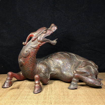 14" Tibetan Temple Collection Old Bronze Cinnabar turn back auspicious beast unicorn Gather fortune ornament Town House Exorcism