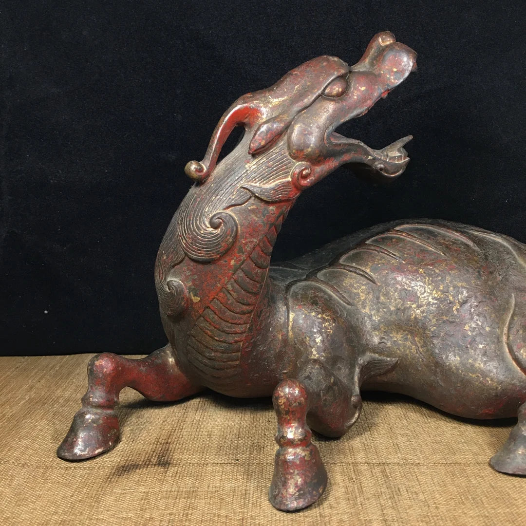 14" Tibetan Temple Collection Old Bronze Cinnabar turn back auspicious beast unicorn Gather fortune ornament Town House Exorcism