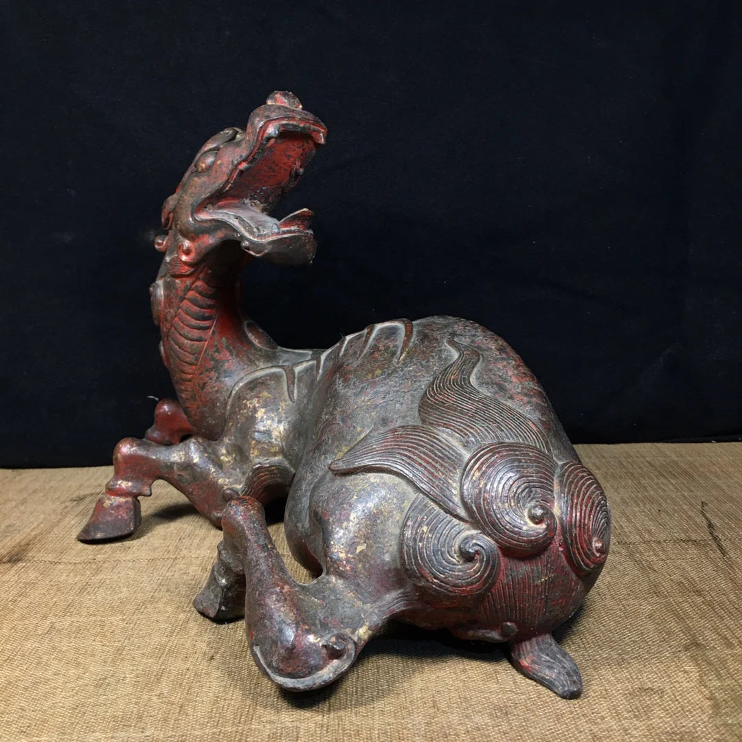 14" Tibetan Temple Collection Old Bronze Cinnabar turn back auspicious beast unicorn Gather fortune ornament Town House Exorcism