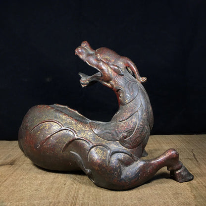 14" Tibetan Temple Collection Old Bronze Cinnabar turn back auspicious beast unicorn Gather fortune ornament Town House Exorcism