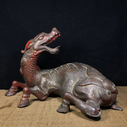 14" Tibetan Temple Collection Old Bronze Cinnabar turn back auspicious beast unicorn Gather fortune ornament Town House Exorcism