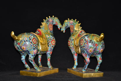14"Tibetan Temple Collection Old Bronze Cloisonne Enamel Flowe Texture Tang Ma Horse Statue Base A Pair Amass wealth Ornaments