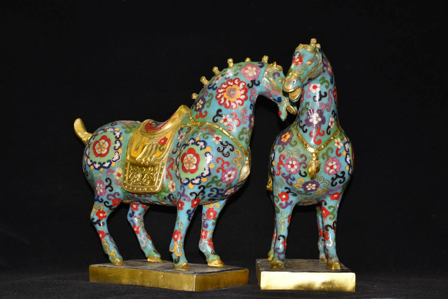 14"Tibetan Temple Collection Old Bronze Cloisonne Enamel Flowe Texture Tang Ma Horse Statue Base A Pair Amass wealth Ornaments