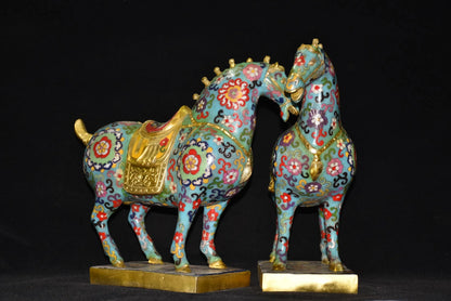 14"Tibetan Temple Collection Old Bronze Cloisonne Enamel Flowe Texture Tang Ma Horse Statue Base A Pair Amass wealth Ornaments