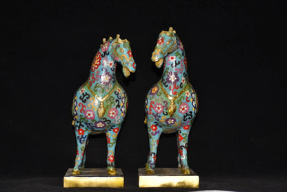 14"Tibetan Temple Collection Old Bronze Cloisonne Enamel Flowe Texture Tang Ma Horse Statue Base A Pair Amass wealth Ornaments