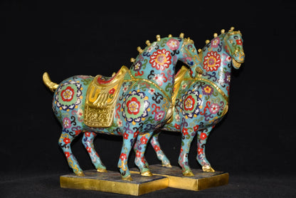 14"Tibetan Temple Collection Old Bronze Cloisonne Enamel Flowe Texture Tang Ma Horse Statue Base A Pair Amass wealth Ornaments