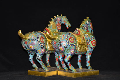 14"Tibetan Temple Collection Old Bronze Cloisonne Enamel Flowe Texture Tang Ma Horse Statue Base A Pair Amass wealth Ornaments