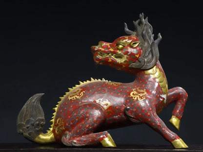14"Tibetan Temple Collection Old Bronze Cloisonne Enamel Kylin Statue Divine Beast Ornaments Worship Hall Town house Exorcism