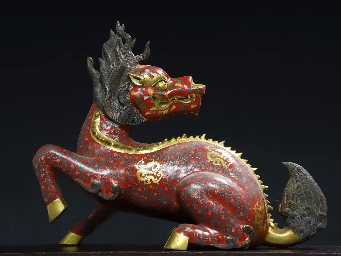 14"Tibetan Temple Collection Old Bronze Cloisonne Enamel Kylin Statue Divine Beast Ornaments Worship Hall Town house Exorcism