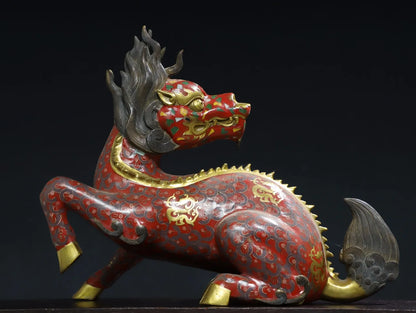 14"Tibetan Temple Collection Old Bronze Cloisonne Enamel Kylin Statue Divine Beast Ornaments Worship Hall Town house Exorcism