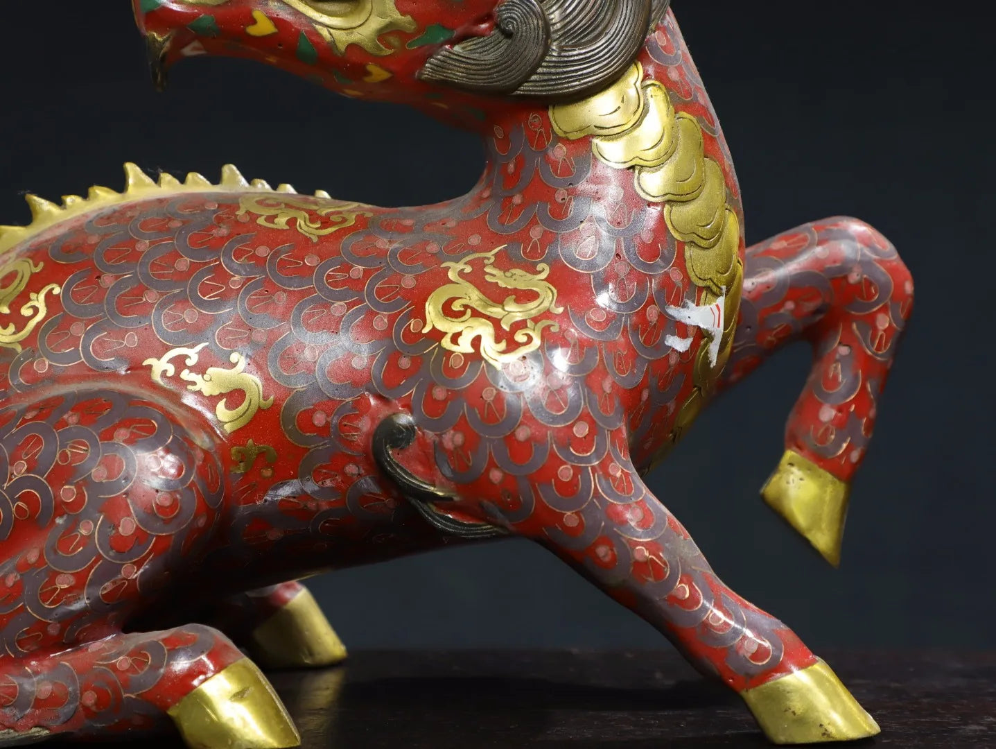 14"Tibetan Temple Collection Old Bronze Cloisonne Enamel Kylin Statue Divine Beast Ornaments Worship Hall Town house Exorcism