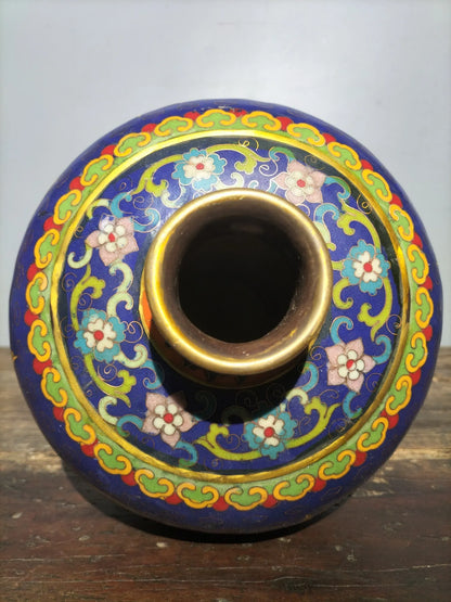 14" Tibetan Temple Collection Old Bronze Cloisonne Enamel trunk binaural star anise vase office ornament Town house Exorcism