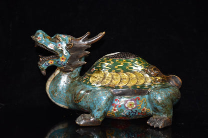 14"Tibetan Temple Collection Old Bronze Cloisonne Gilt Enamel Gossip Dragon turtle statue Office Ornaments Town House Exorcism