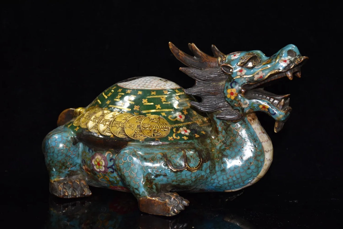14"Tibetan Temple Collection Old Bronze Cloisonne Gilt Enamel Gossip Dragon turtle statue Office Ornaments Town House Exorcism