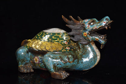 14"Tibetan Temple Collection Old Bronze Cloisonne Gilt Enamel Gossip Dragon turtle statue Office Ornaments Town House Exorcism