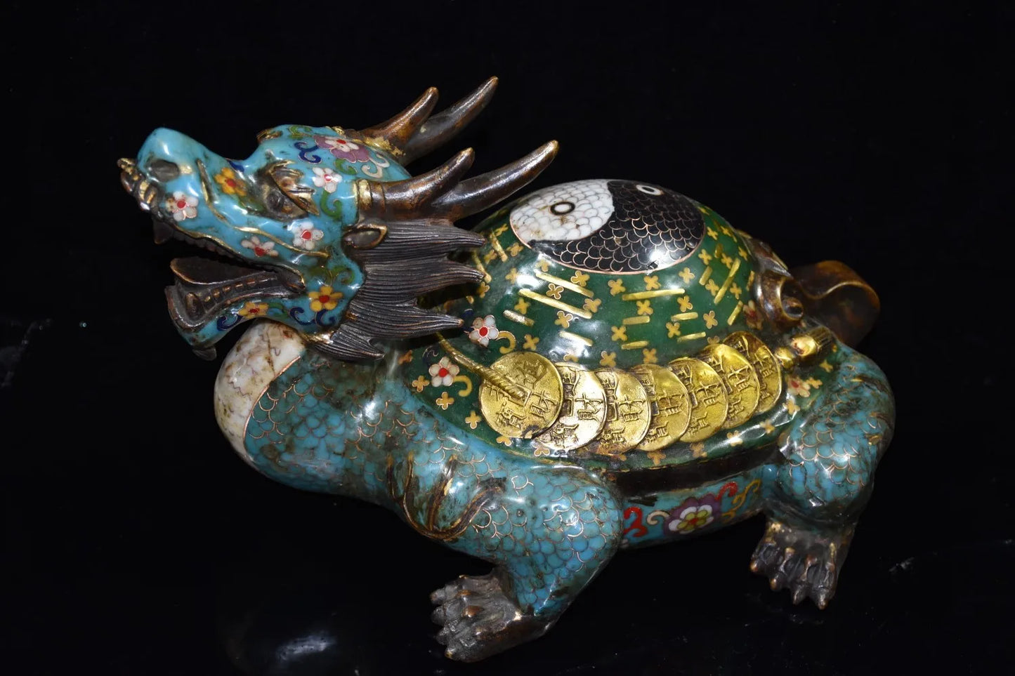 14"Tibetan Temple Collection Old Bronze Cloisonne Gilt Enamel Gossip Dragon turtle statue Office Ornaments Town House Exorcism