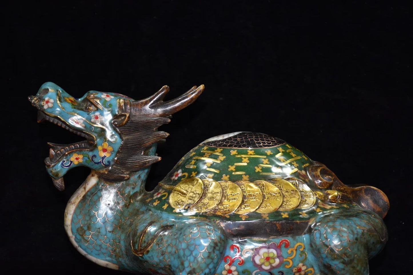 14"Tibetan Temple Collection Old Bronze Cloisonne Gilt Enamel Gossip Dragon turtle statue Office Ornaments Town House Exorcism