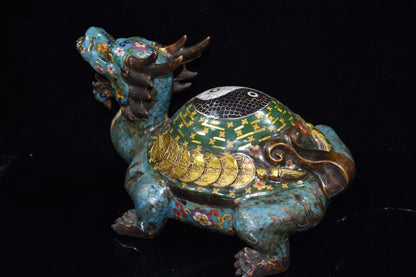14"Tibetan Temple Collection Old Bronze Cloisonne Gilt Enamel Gossip Dragon turtle statue Office Ornaments Town House Exorcism