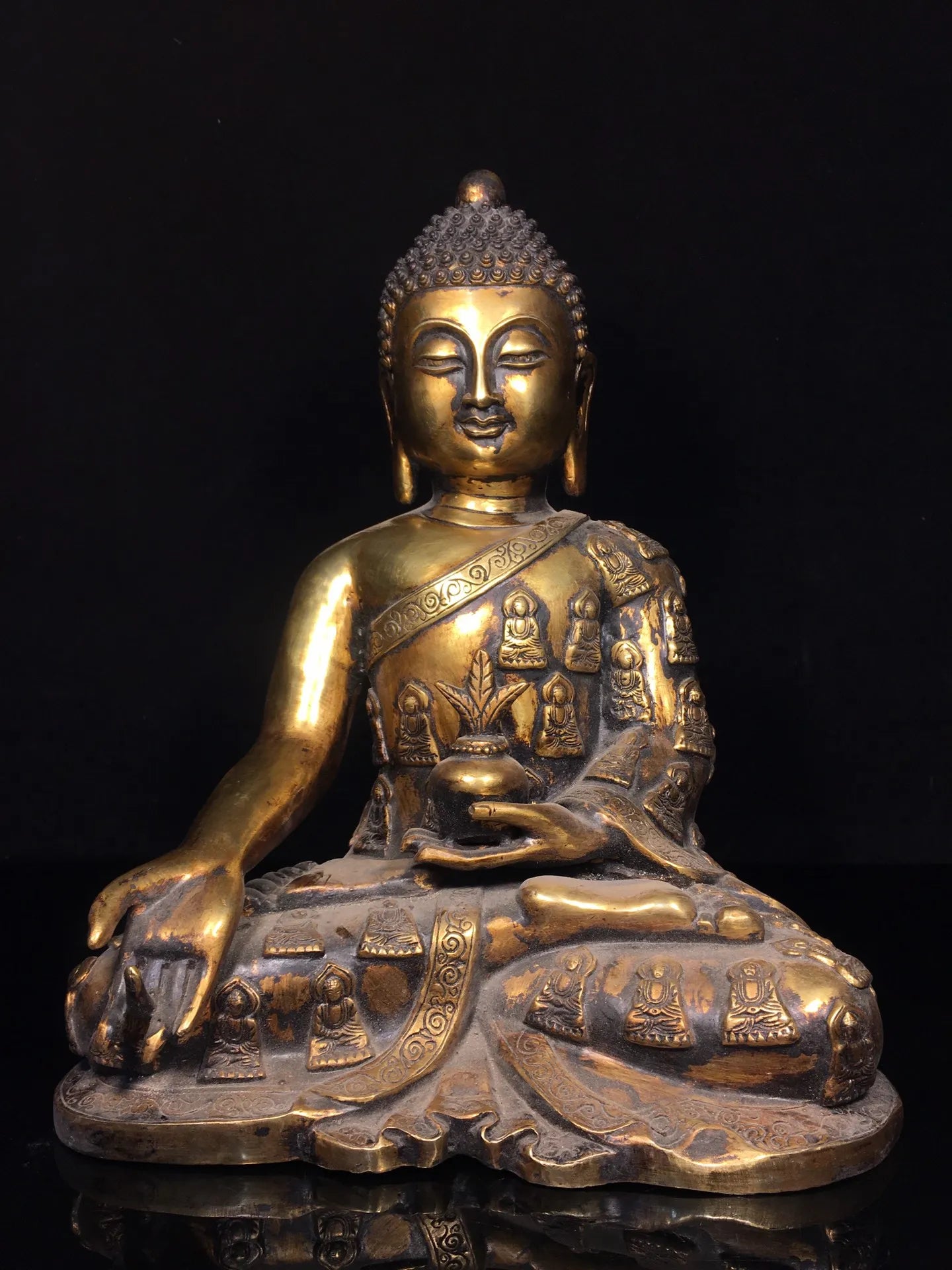 14"Tibetan Temple Collection Old Bronze Gilded Cinnabar Mud gold Shakyamuni Sitting Buddha Amitabha  Worship Hall Town house