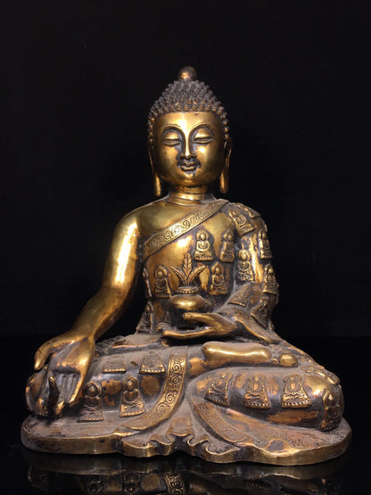 14"Tibetan Temple Collection Old Bronze Gilded Cinnabar Mud gold Shakyamuni Sitting Buddha Amitabha  Worship Hall Town house