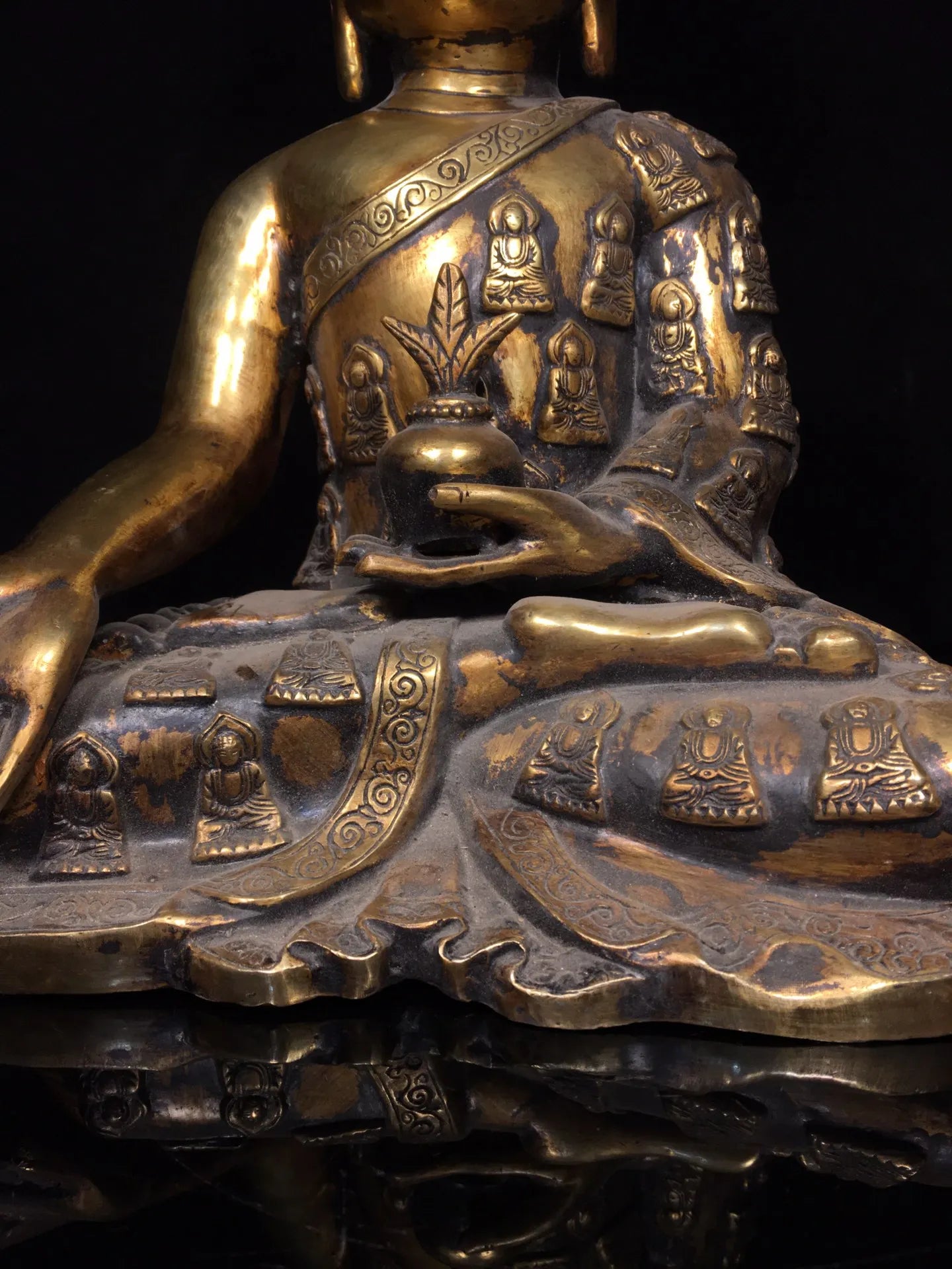 14"Tibetan Temple Collection Old Bronze Gilded Cinnabar Mud gold Shakyamuni Sitting Buddha Amitabha  Worship Hall Town house