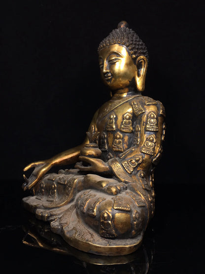 14"Tibetan Temple Collection Old Bronze Gilded Cinnabar Mud gold Shakyamuni Sitting Buddha Amitabha  Worship Hall Town house