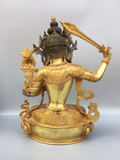 14"Tibetan Temple Collection Old Bronze Gilded Manjusri Bodhisattva Sitting Buddha Worship Hall Town house Exorcism