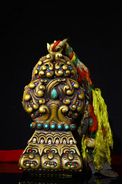 14"Tibetan Temple Collection Old Bronze Mosaic Gem gZi Beads Animal pattern French seal Amulet Buddhist utensils Town house