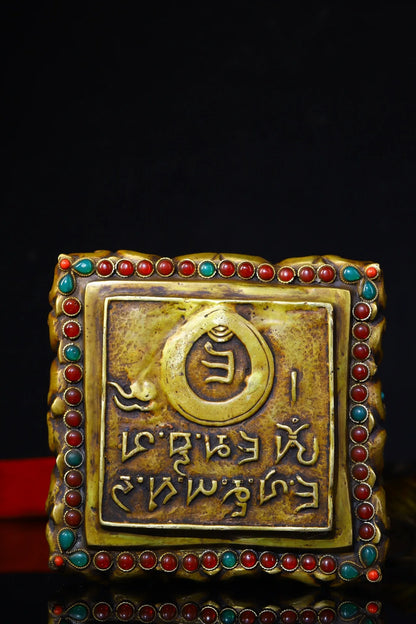 14"Tibetan Temple Collection Old Bronze Mosaic Gem gZi Beads Animal pattern French seal Amulet Buddhist utensils Town house