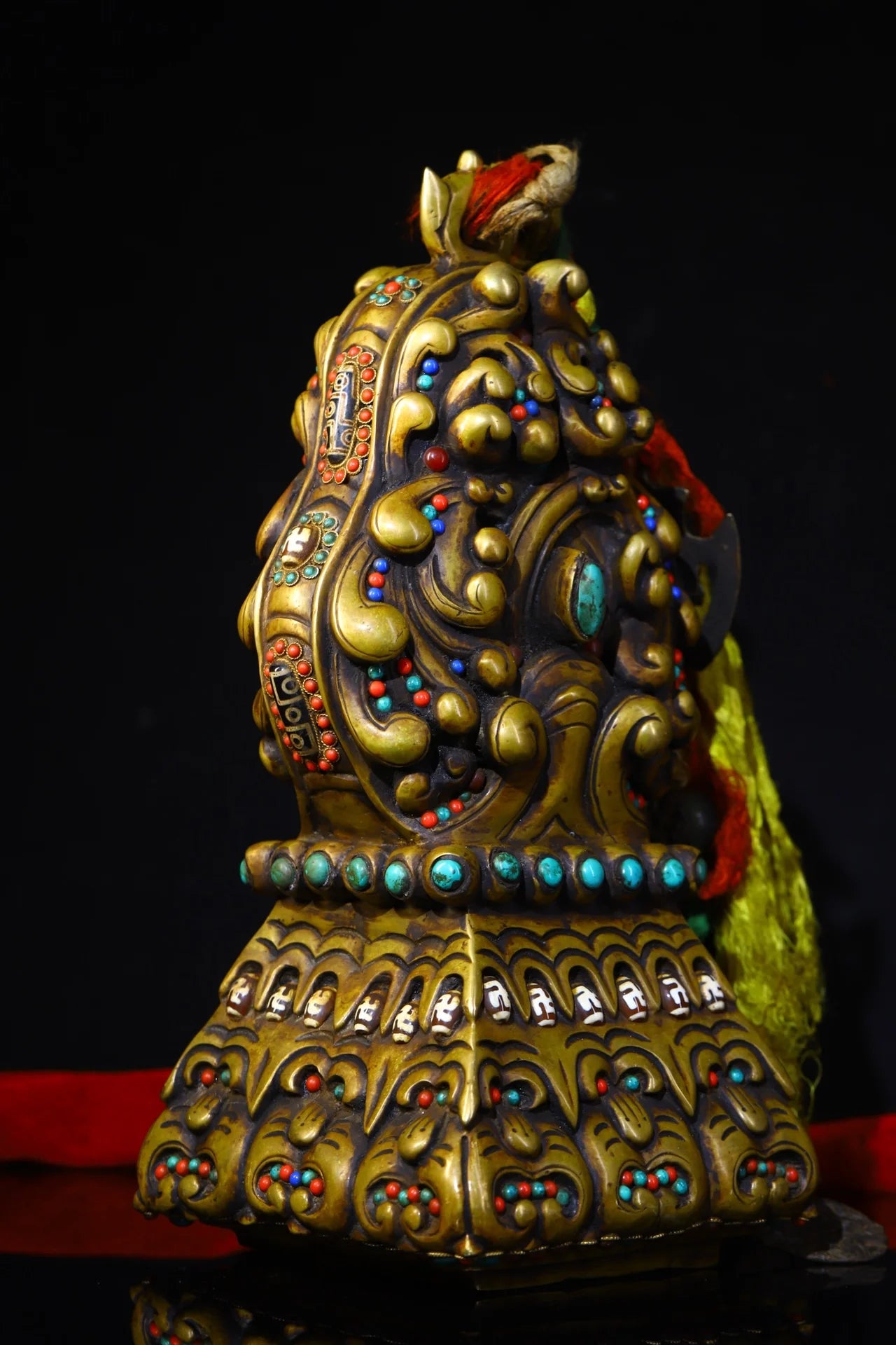 14"Tibetan Temple Collection Old Bronze Mosaic Gem gZi Beads Animal pattern French seal Amulet Buddhist utensils Town house