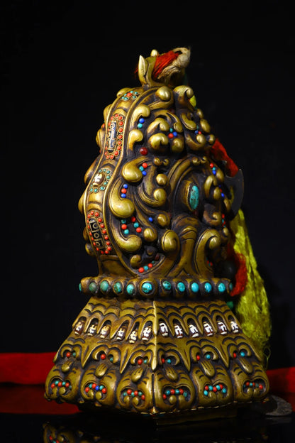 14"Tibetan Temple Collection Old Bronze Mosaic Gem gZi Beads Animal pattern French seal Amulet Buddhist utensils Town house