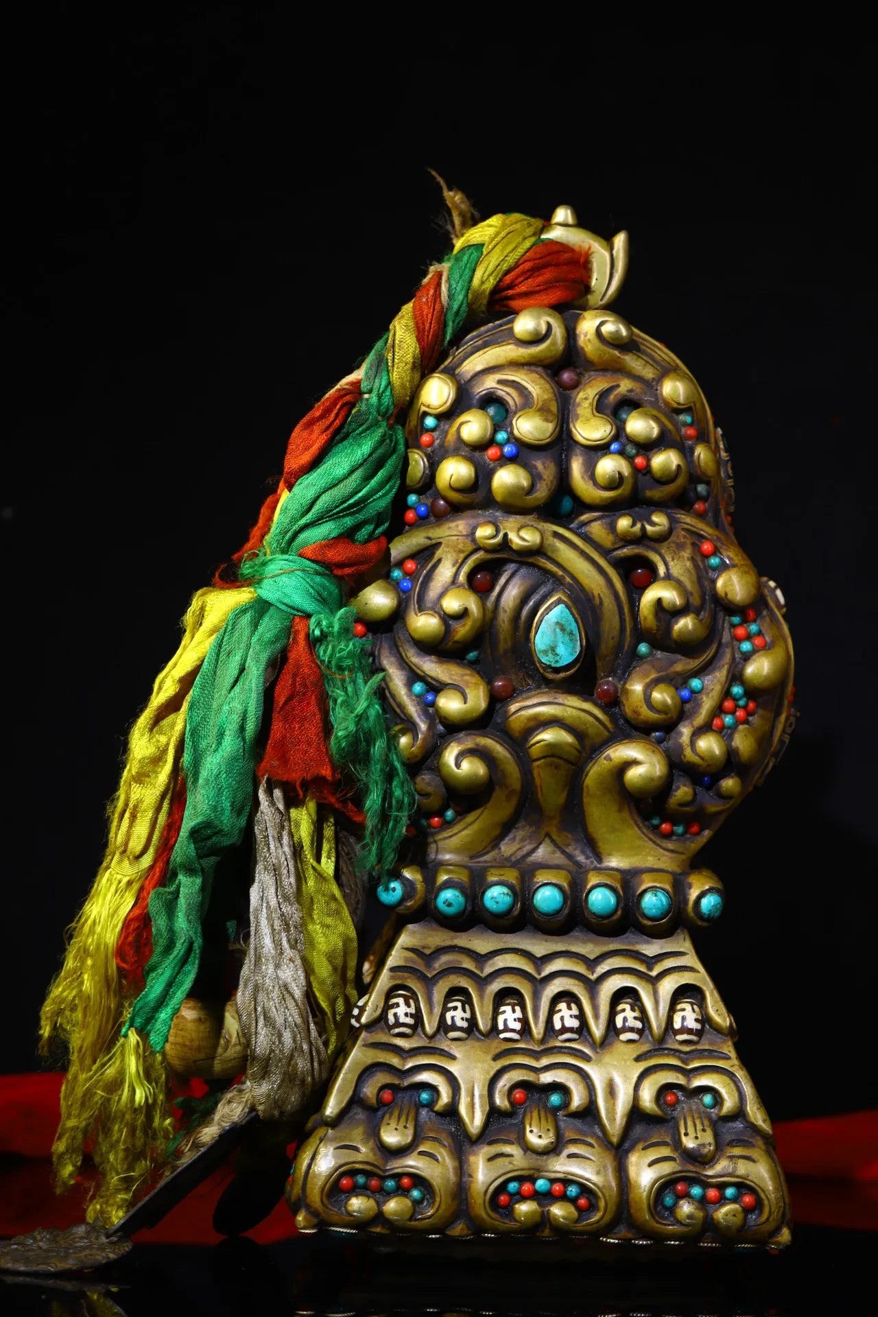 14"Tibetan Temple Collection Old Bronze Mosaic Gem gZi Beads Animal pattern French seal Amulet Buddhist utensils Town house