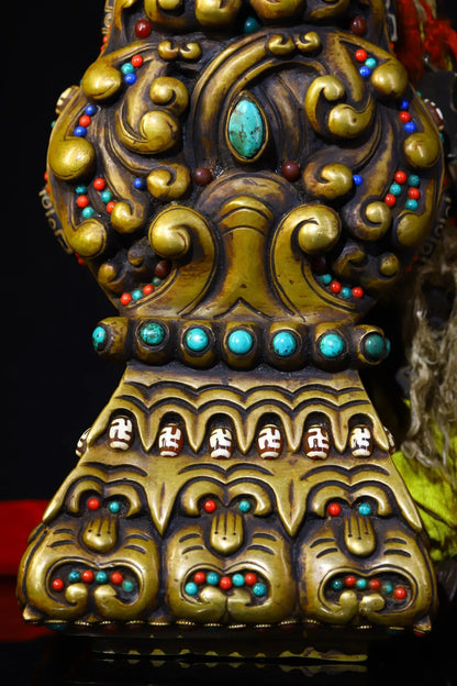 14"Tibetan Temple Collection Old Bronze Mosaic Gem gZi Beads Animal pattern French seal Amulet Buddhist utensils Town house