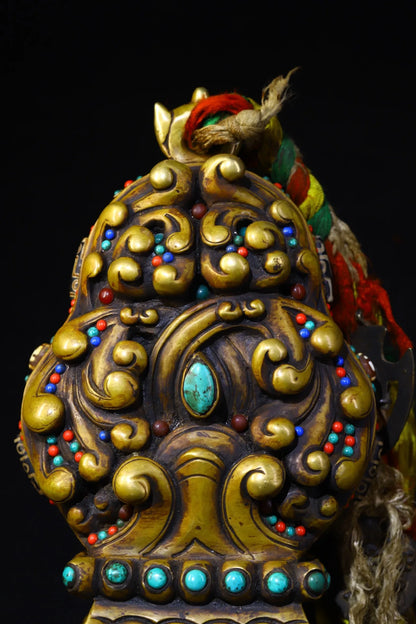 14"Tibetan Temple Collection Old Bronze Mosaic Gem gZi Beads Animal pattern French seal Amulet Buddhist utensils Town house