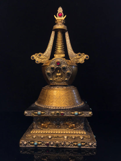 14"Tibetan Temple Collection Old Bronze Painted Mosaic Gem Sakyamuni Sitting Buddha stupa pagoda Worship Hall Town house