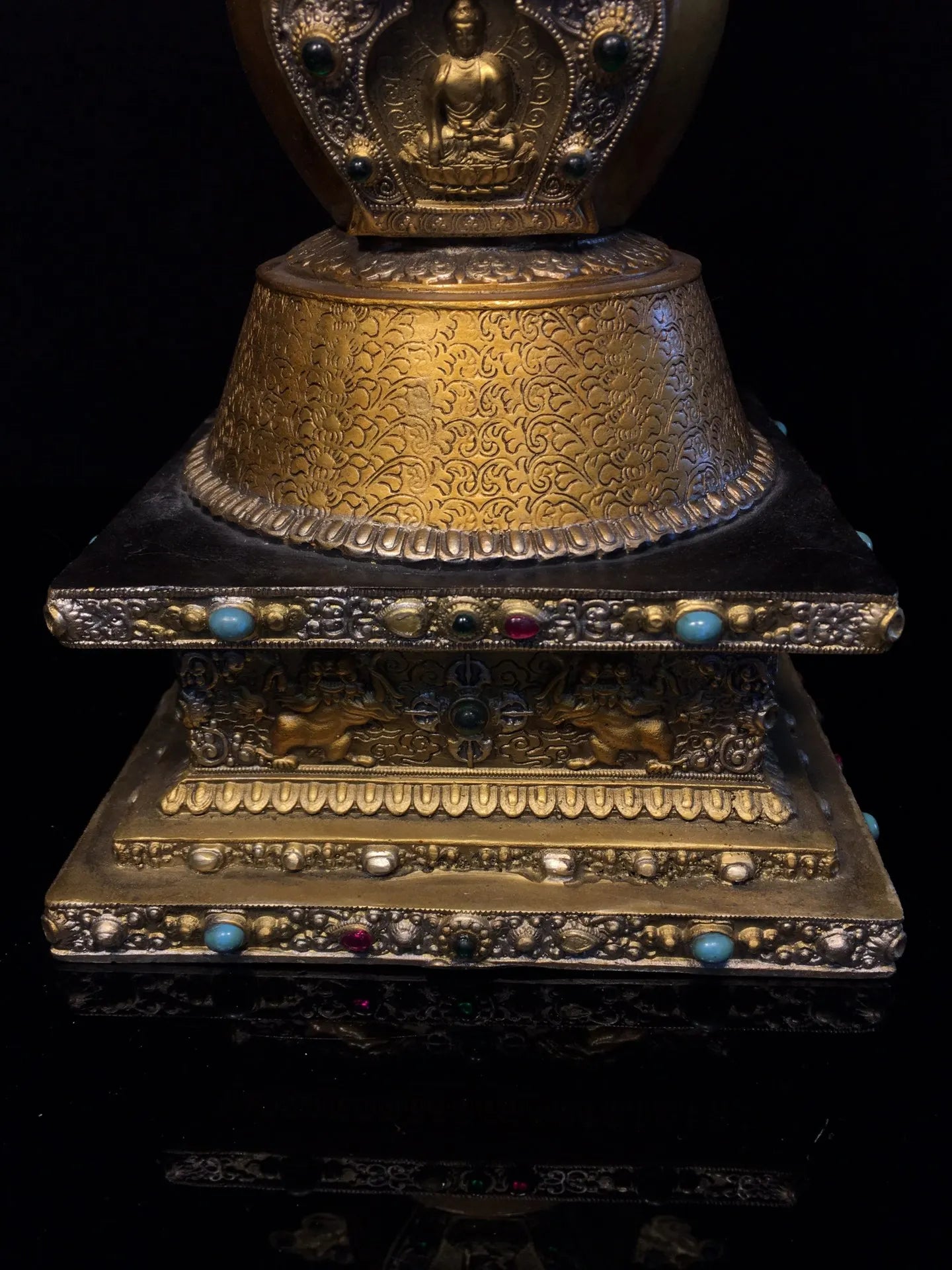 14"Tibetan Temple Collection Old Bronze Painted Mosaic Gem Sakyamuni Sitting Buddha stupa pagoda Worship Hall Town house