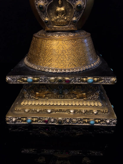 14"Tibetan Temple Collection Old Bronze Painted Mosaic Gem Sakyamuni Sitting Buddha stupa pagoda Worship Hall Town house