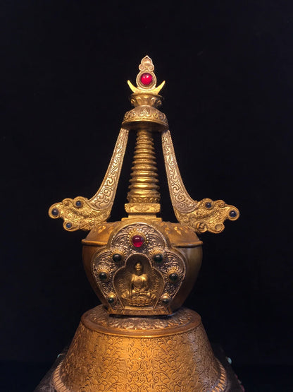 14"Tibetan Temple Collection Old Bronze Painted Mosaic Gem Sakyamuni Sitting Buddha stupa pagoda Worship Hall Town house