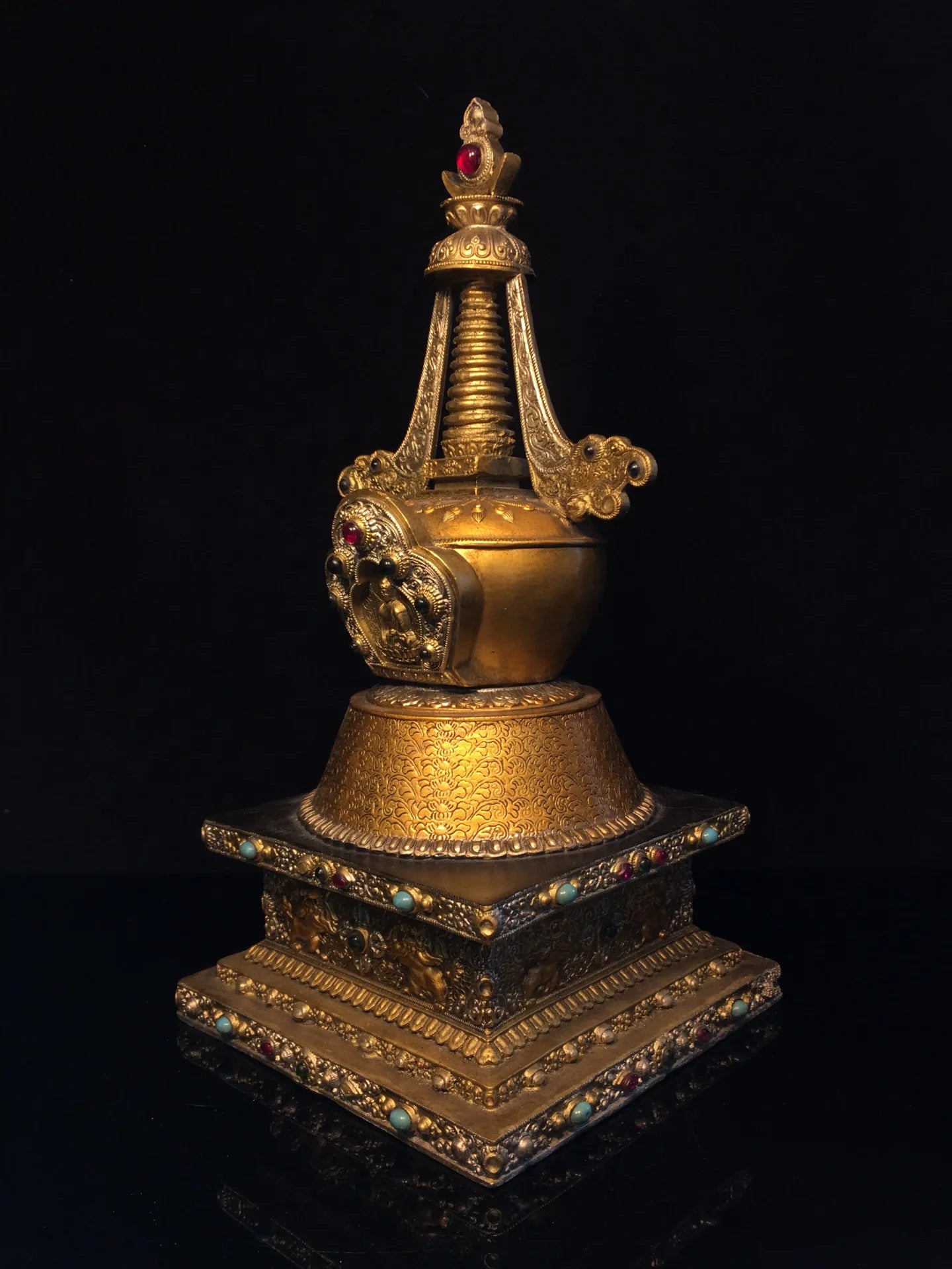 14"Tibetan Temple Collection Old Bronze Painted Mosaic Gem Sakyamuni Sitting Buddha stupa pagoda Worship Hall Town house