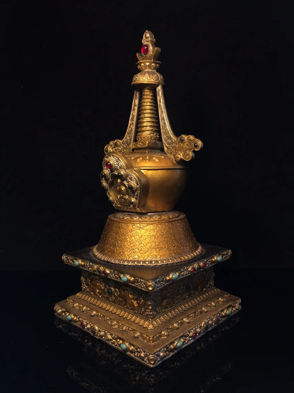 14"Tibetan Temple Collection Old Bronze Painted Mosaic Gem Sakyamuni Sitting Buddha stupa pagoda Worship Hall Town house