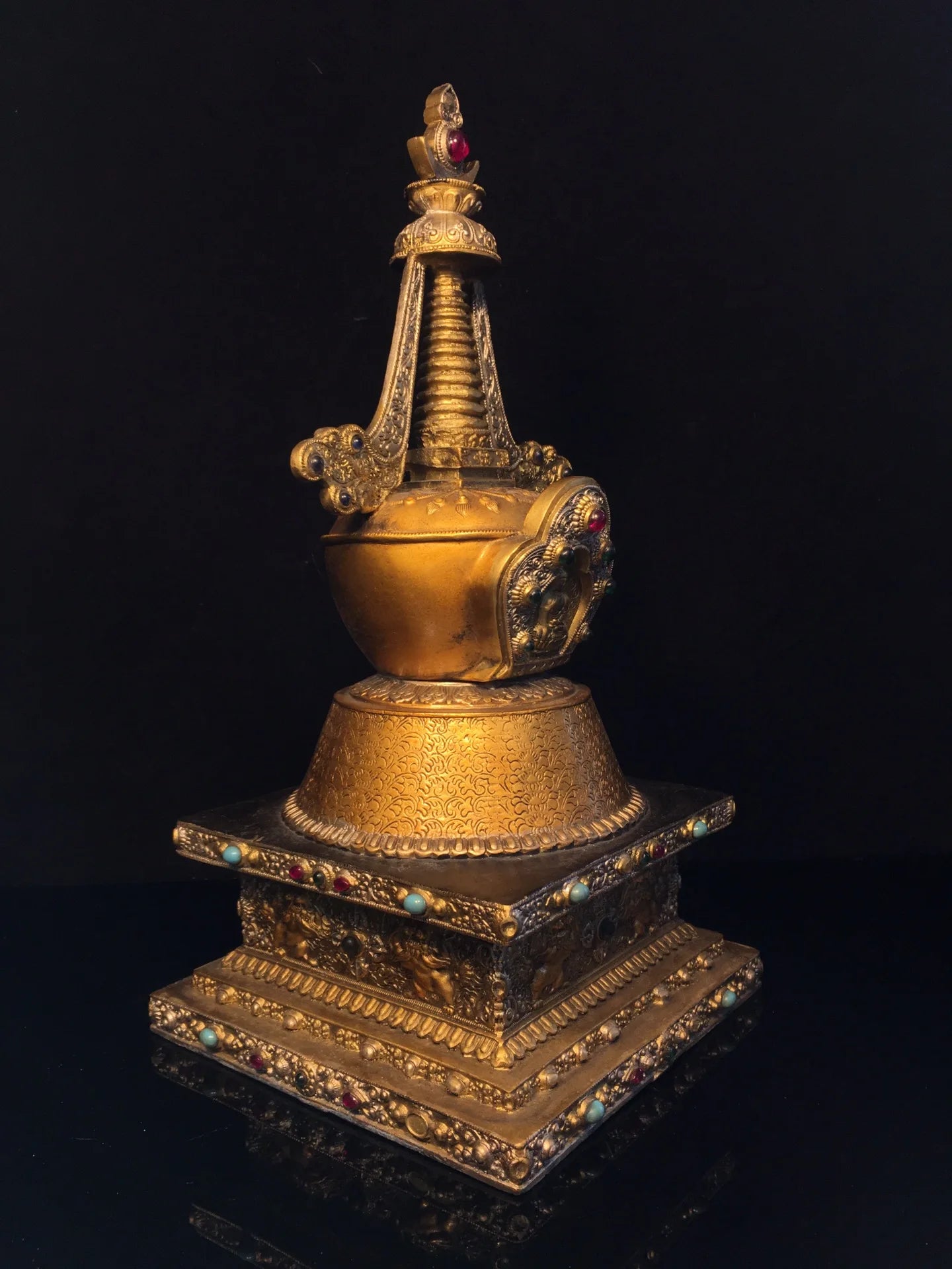 14"Tibetan Temple Collection Old Bronze Painted Mosaic Gem Sakyamuni Sitting Buddha stupa pagoda Worship Hall Town house