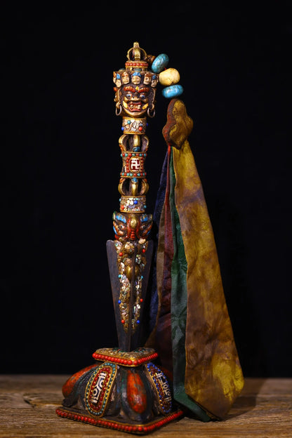 14"Tibetan Temple Collection Old Bronze Painted Mosaic Gem gZi Beads Shell Mahakala Buddha Head Vajra Phurpa Amulet Worship Hall