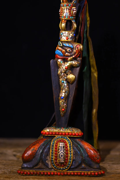 14"Tibetan Temple Collection Old Bronze Painted Mosaic Gem gZi Beads Shell Mahakala Buddha Head Vajra Phurpa Amulet Worship Hall