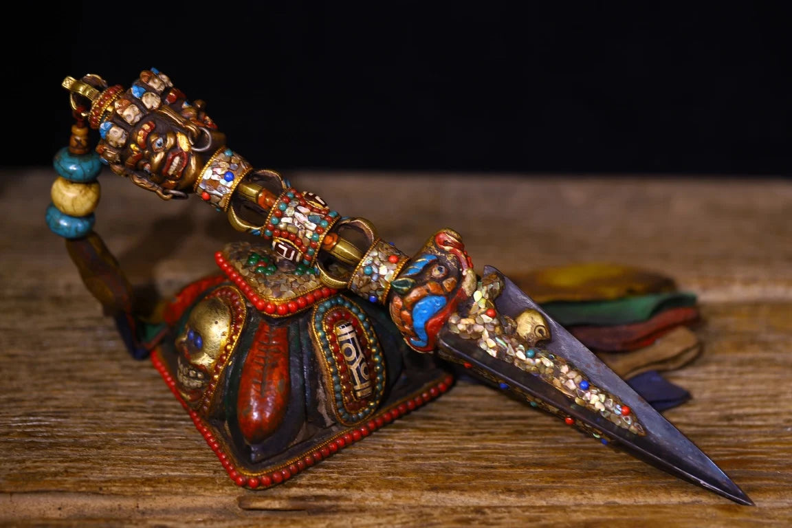 14"Tibetan Temple Collection Old Bronze Painted Mosaic Gem gZi Beads Shell Mahakala Buddha Head Vajra Phurpa Amulet Worship Hall