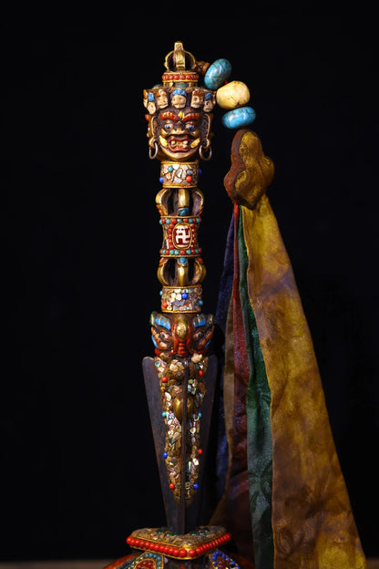 14"Tibetan Temple Collection Old Bronze Painted Mosaic Gem gZi Beads Shell Mahakala Buddha Head Vajra Phurpa Amulet Worship Hall