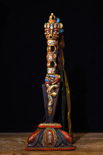 14"Tibetan Temple Collection Old Bronze Painted Mosaic Gem gZi Beads Shell Mahakala Buddha Head Vajra Phurpa Amulet Worship Hall