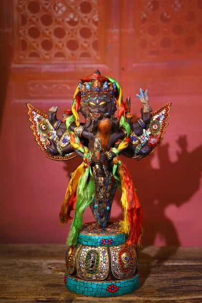 14"Tibetan Temple Collection Old Bronze Painted  Mosaic Gem gZi Beads Shell Puba Vajra Buddha Vajra Phurpa Base Worship Hall